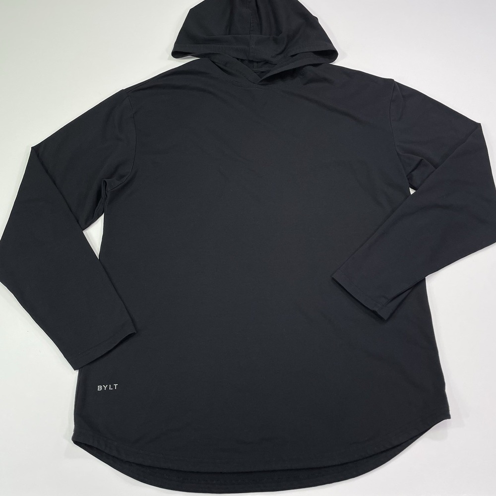 BYLT Mens Premium Basics Drop Cut Hooded Long Sleeve XL Black Stretch Activewear